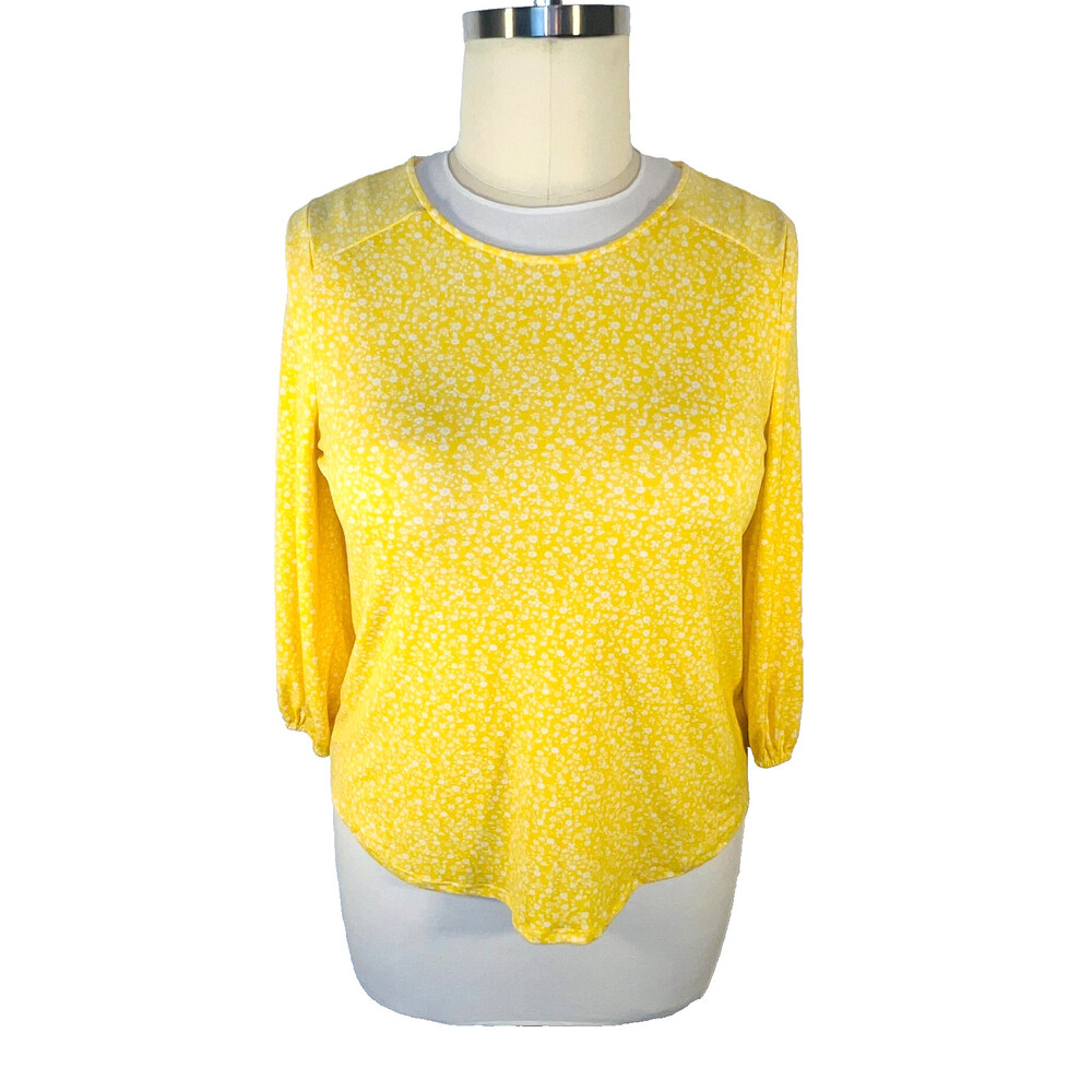 Adrianna Papell Blouse Womans L 3/4 Balloon Sleeve Stretch Yellow Ditsy Floral